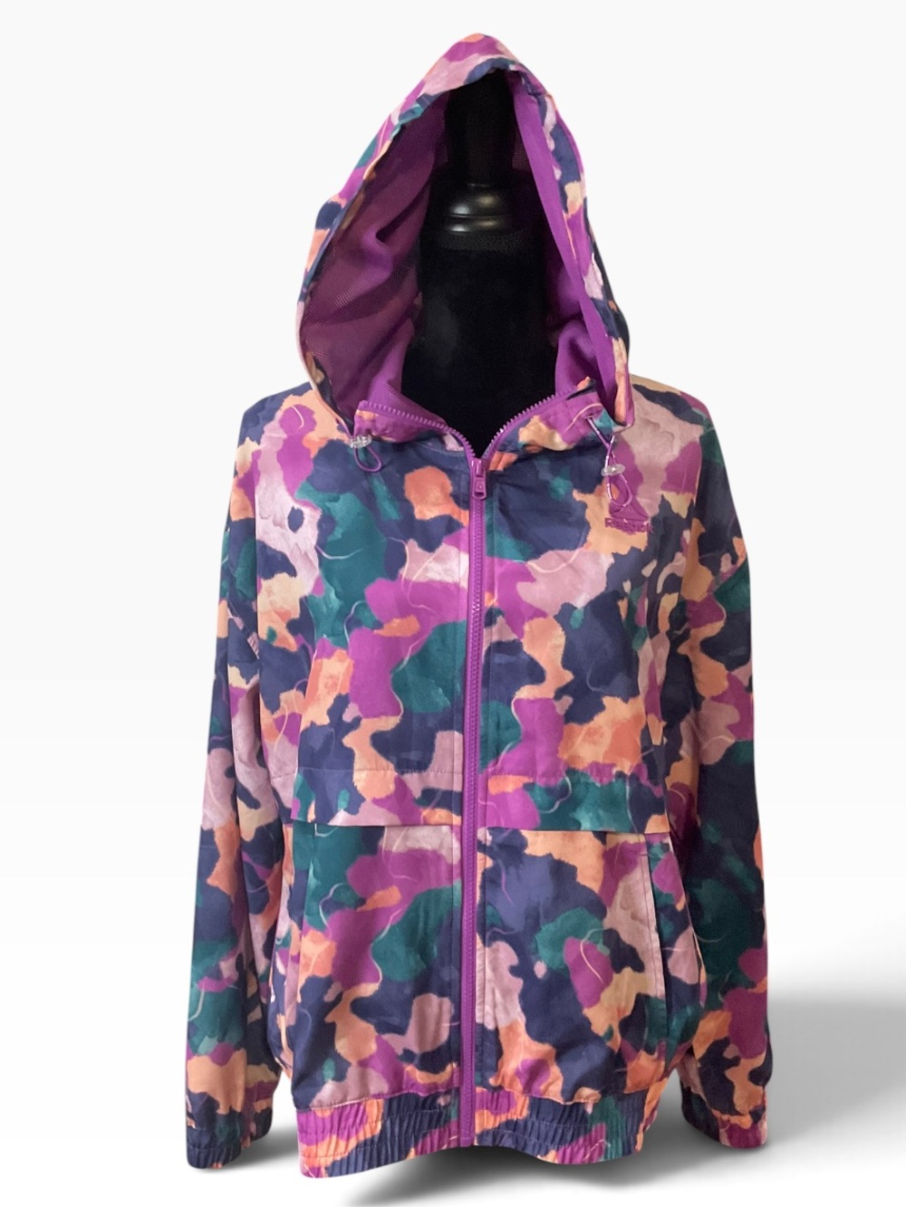 Reebok Reflux Performance Full Zip Purple Pink Green Camo Hooded Light Jacket L